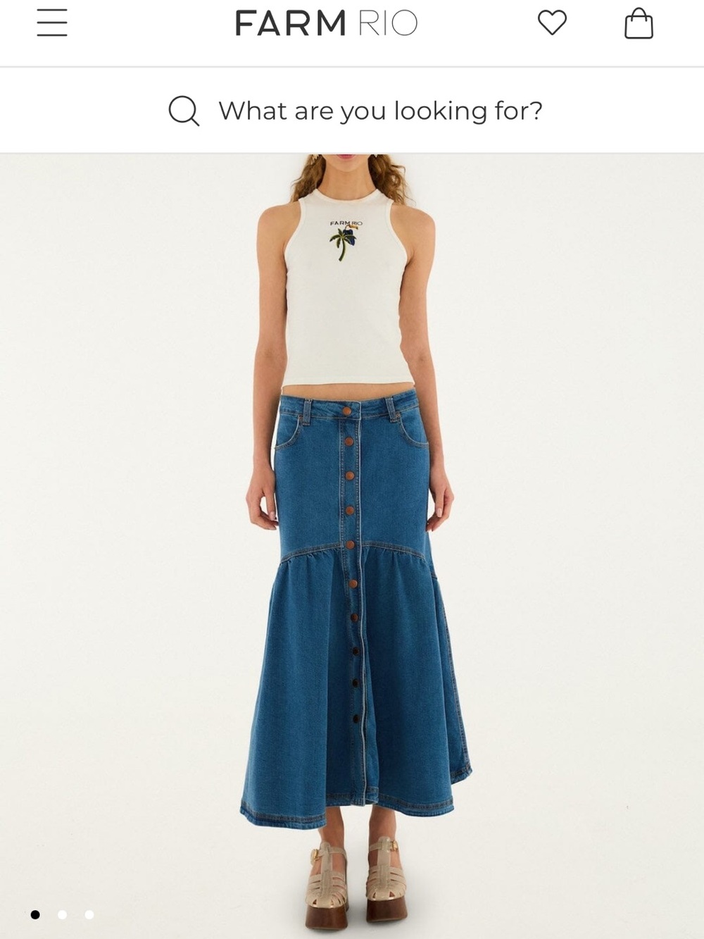 FARM Rio Blue Denim Button-Front Midi Skirt